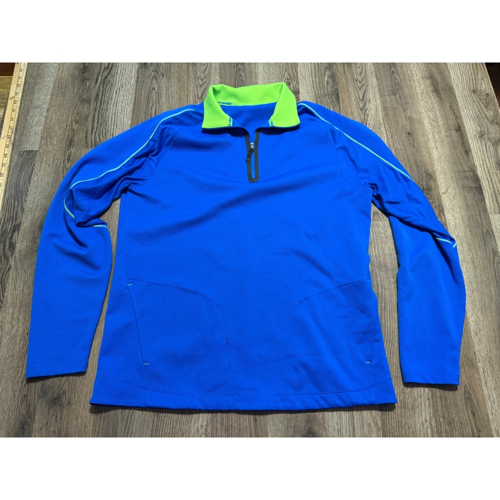 Under Armour Shirt Mens Size L Blue Neon Green Activewear 1/4 Zip Pullover